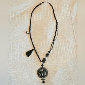 EXPRESS Black Onyx Beaded Rhinestone Tassel Necklace Mix Texture Fashion Jewelry